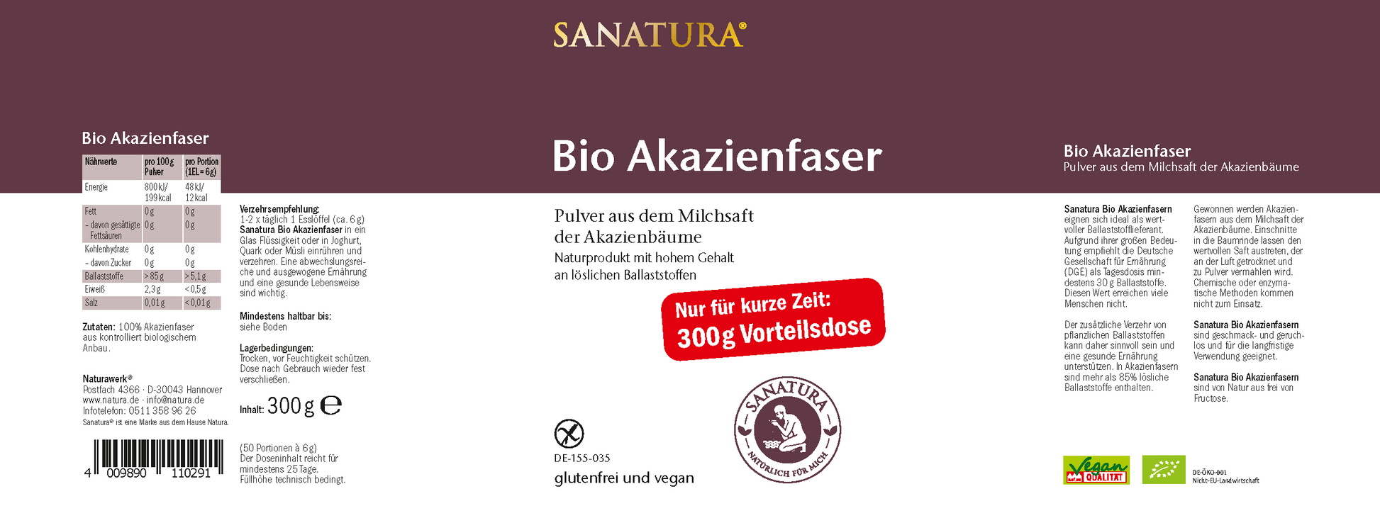 Komplettes Etikett der Sanatura Bio Akazienfaser Vorteilsdose