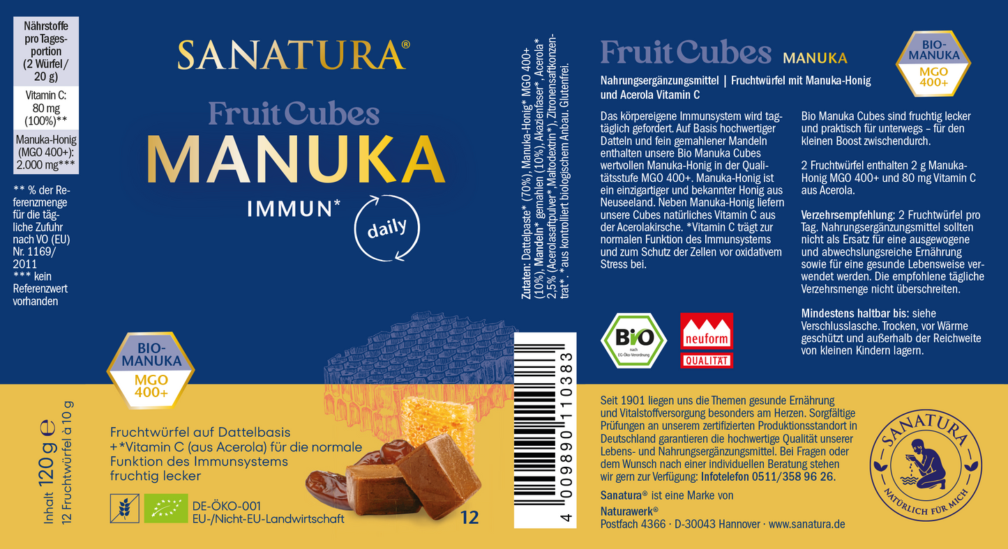 Komplettes Etikett der Sanatura Fruit Cubes Manuka Verpackung