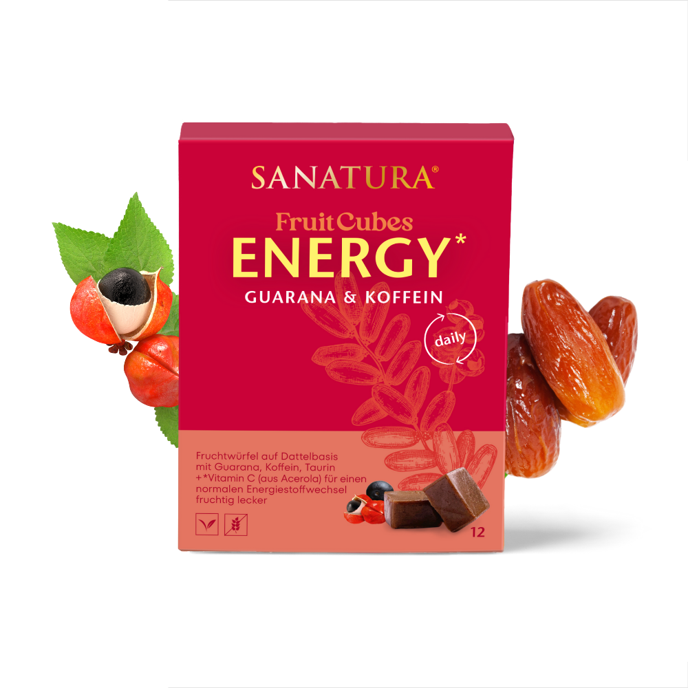 Fruit Cubes Energy Verpackung neben Datteln und Acerola Kirschen