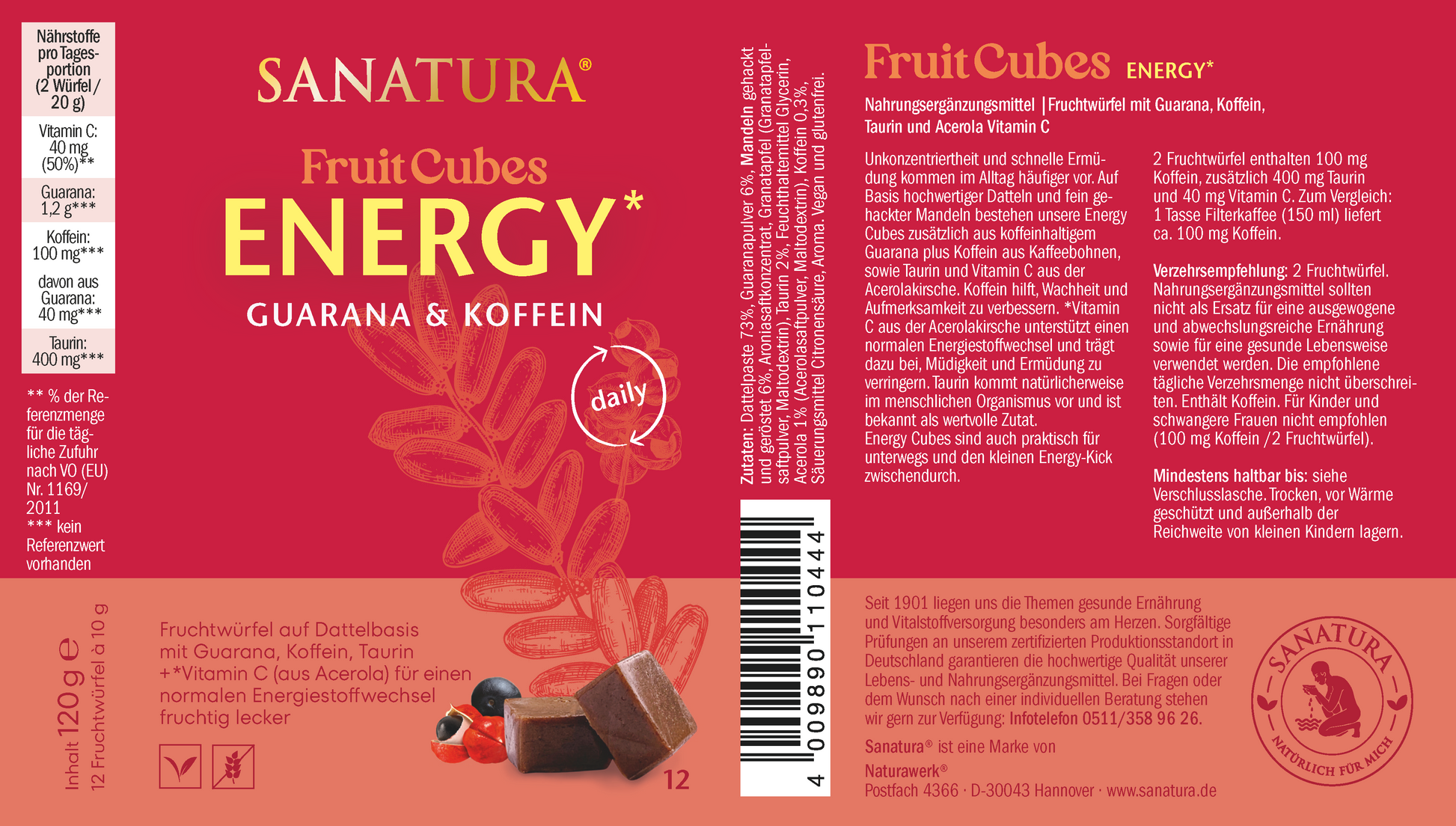 Komplettes Etikett der Sanatura Fruit Cubes Energy Verpackung