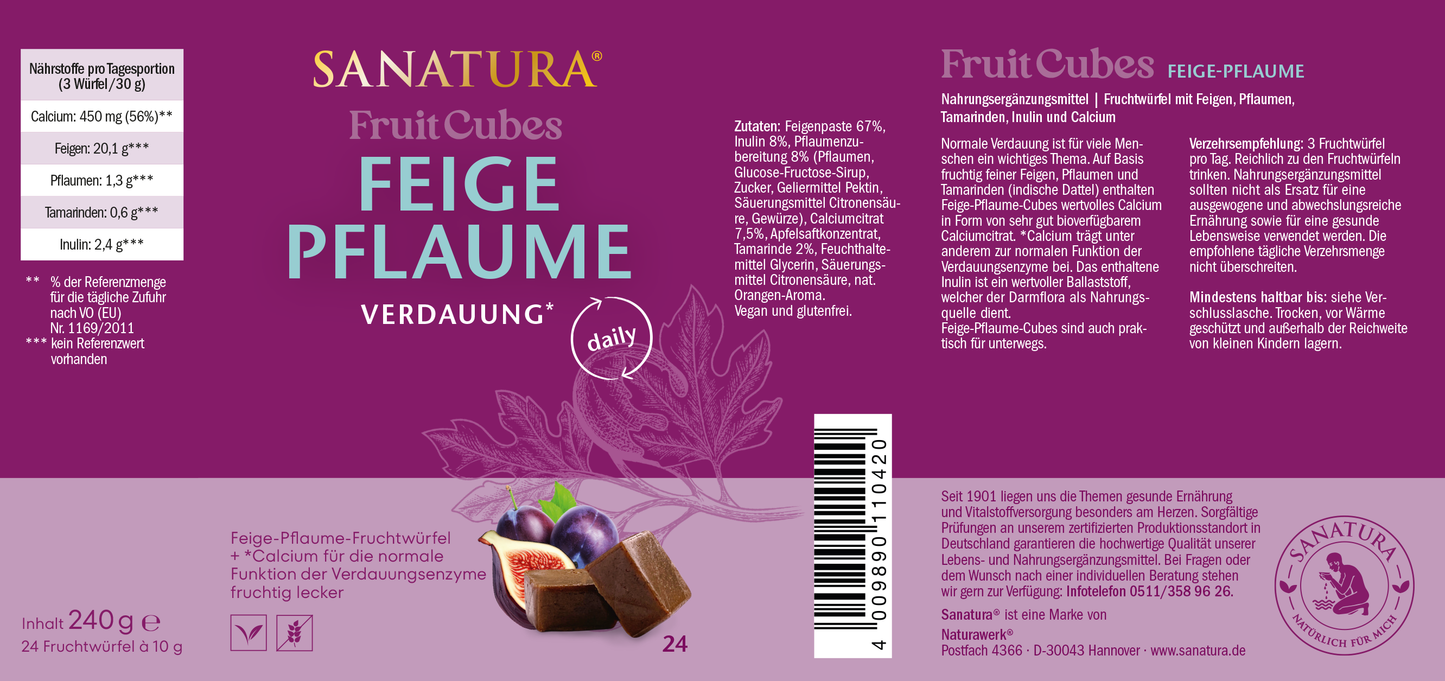 Komplettes Etikett der Fruit Cubes Feige Pflaume Verpackung